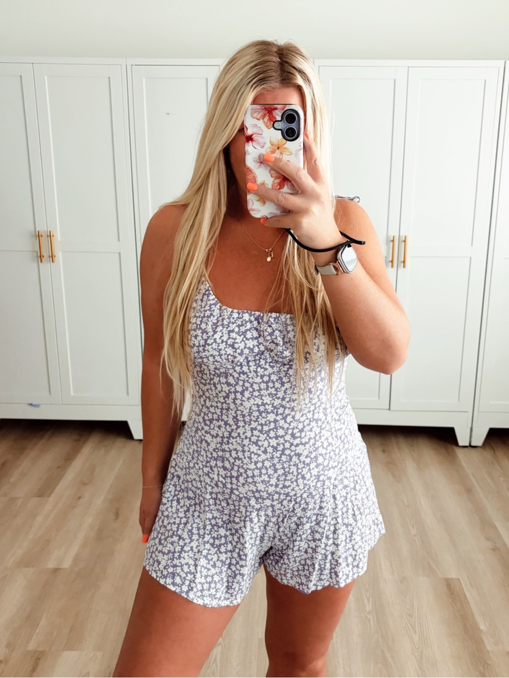 Purple and white floral scrunch top romper
